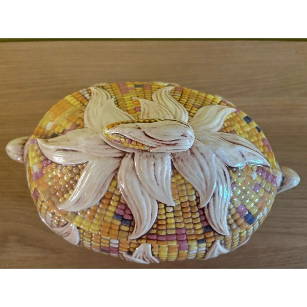 Vintage Ceramic Corn Shaped Covered Casserole Dish Tureen  Mid Century